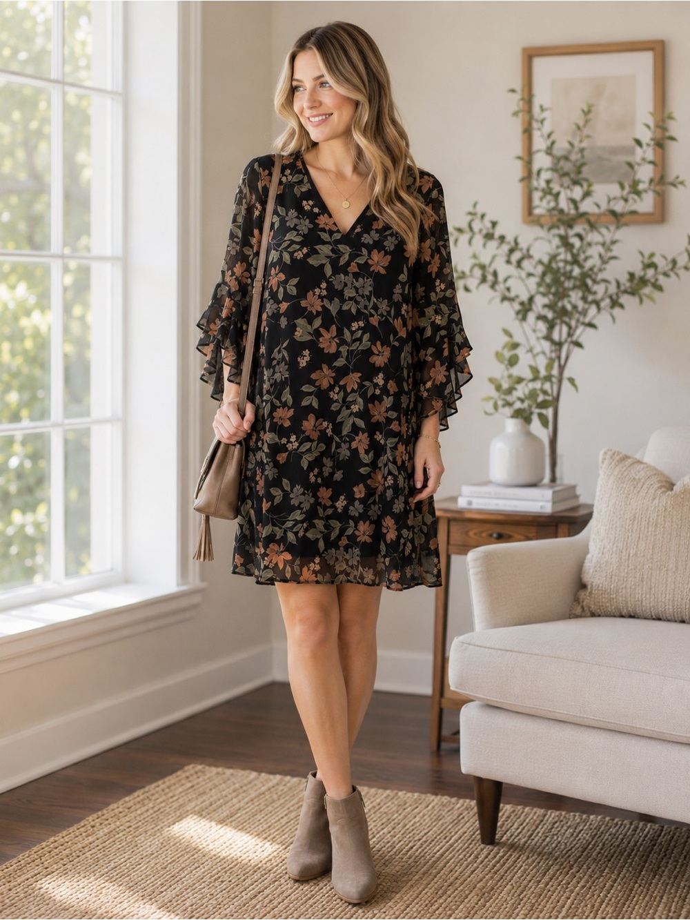 Calvin Klein Black Floral Classic Label Dress with bell sleeves. Sz 12